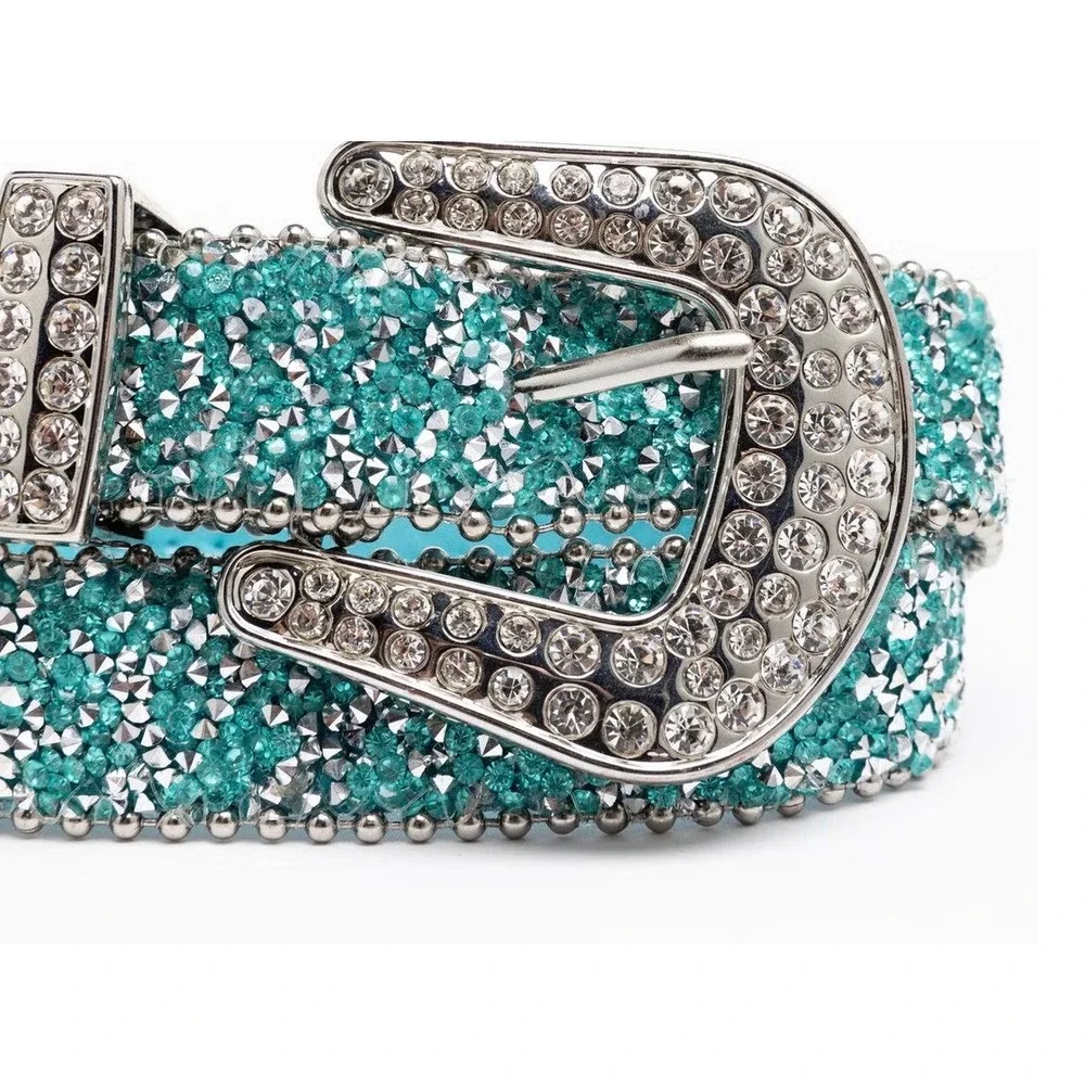 SHYANNE GIRLS' SHIMMER GLITZ Teal Rhinestone Western Genuine Leather Belt Sz 24